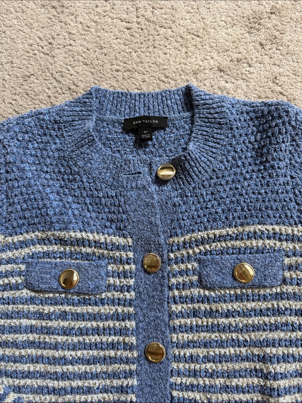 NWOT Ann Taylor Soft Blue & Cream Striped Button Cardigan, MP - Picture 3 of 6